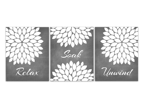 Bathroom Wall Art, Relax Soak Unwind CANVAS or PRINTS, Gray Chalkboard Bathroom, Modern Bathroom Art, Set of 3 Bath Art Prints - BATH330