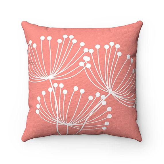 Coral Pillow Cover, Dandelion Throw Pillow, Dandelion Accent Pillow, Coral Home Decor, Dandelion Nursery Pillow, Dandelion Decor - PIL123