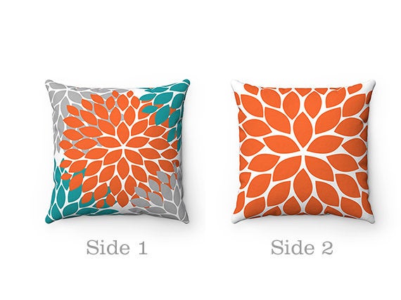 Orange and Teal Throw Pillow Cover, Turquoise Pillow, Orange Gray Floral Accent Pillow, Couch Cushion, Orange Turquoise Home Decor - PIL124