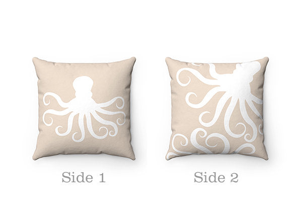 Beach House Decor, Throw Pillow Cover, Octopus Pillow, Beach Cottage Accent Pillow, Tan Pillow, Beach Themed Home Decor - PIL128