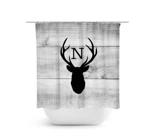 Rustic Gray & Black Monogram Deer Antler Fabric Shower Curtain - SHOWER88