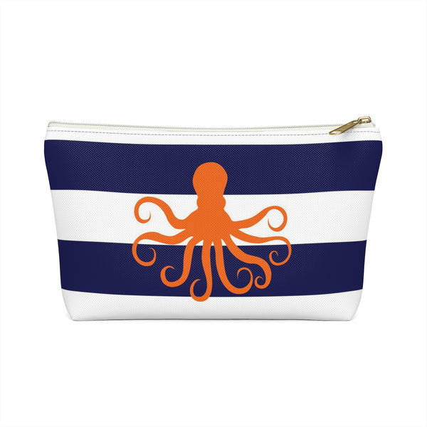 Makeup or Toiletry Bag - Orange Octopus on Blue Stripes - PH25