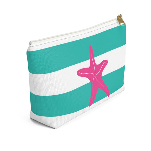 Makeup or Toiletry Bag - Pink Starfish on Green Stripes - PH28