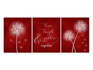 Love Laugh & Gather Together Wall Art, Red Bedroom Wall Art, Home Decor CANVAS or PRINTS, Dandelion Flower Dining Room Wall Decor - HOME564
