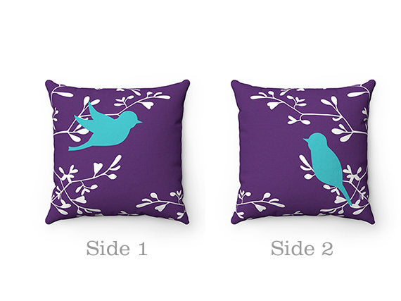 Purple Teal Throw Pillow Cover, Love Birds Pillow Cover, Birds and Branches Accent Pillow, Purple Bedroom Decor, Modern Home Decor - PIL137