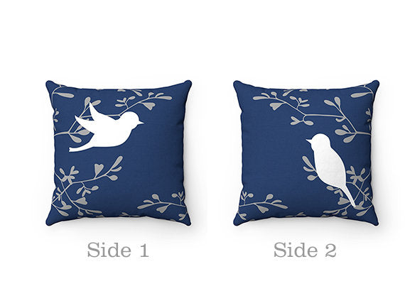 Blue Throw Pillow Cover, Love Birds Pillow Cover, Birds and Branches Accent Pillow, Blue Bedroom Decor, Modern Home Decor - PIL138