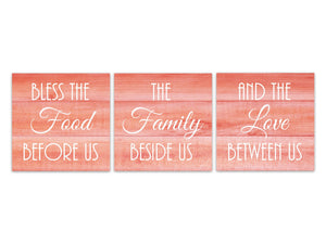 Coral Farmhouse Kitchen 3pc Square Wall Art "Bless The Food Before Us" - HOME553