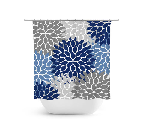 Gray & Blue Flower Burst Fabric Shower Curtain - SHOWER10