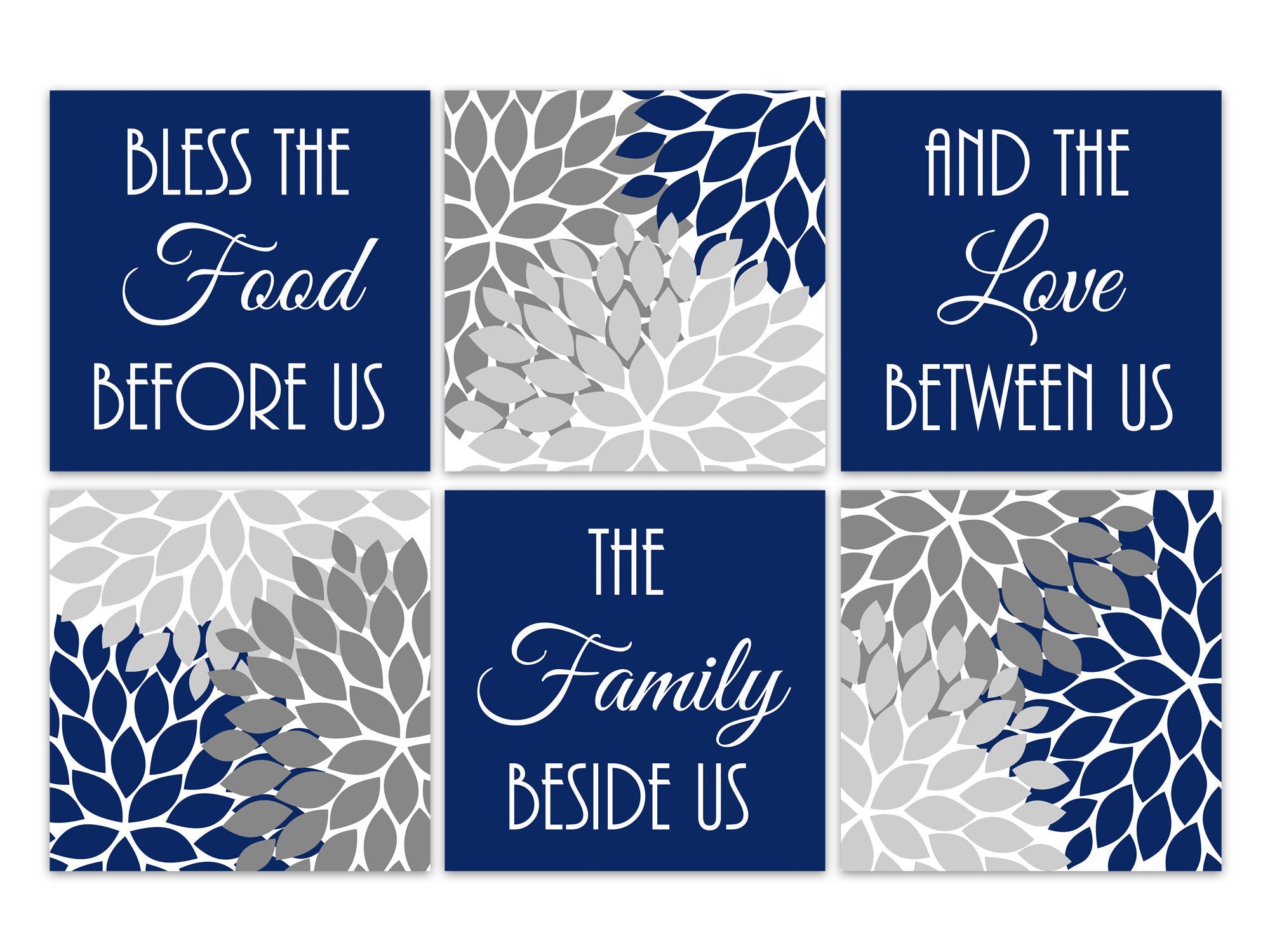 Blue & Gray Floral Dining Room 6pc Square Art "Bless the Food Before Us" - HOME548