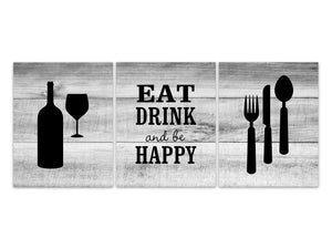 Rustic Kitchen Art, Eat Drink Quote, Fork Spoon Wall Decor, Wine Glass Art, Wood Effect Home Decor Wall Art, Black Kitchen Decor - HOME560