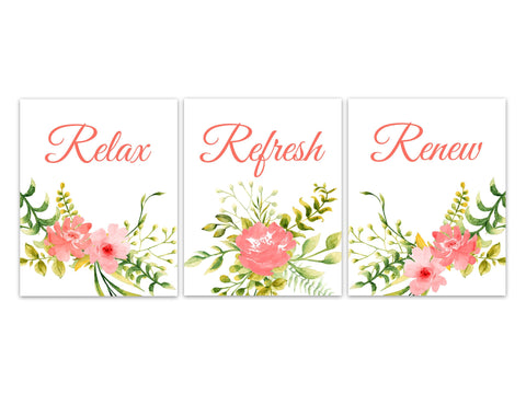 Aqua and Green Bathroom, Relax Refresh Renew CANVAS, Watercolor Floral Bathroom Decor, Set of 3 Bath Art Prints, Sunroom Decor - BATH304