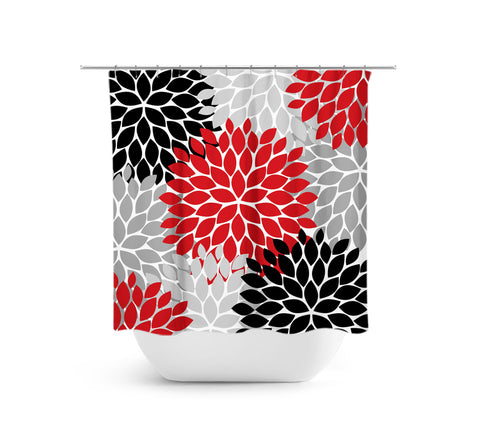 Red, Black & Gray Flower Burst Fabric Shower Curtain - SHOWER21