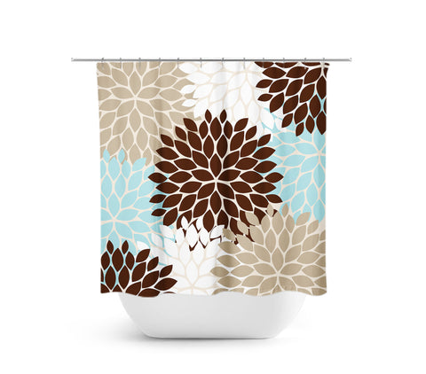 Aqua, Brown & Blue Flower Burst Fabric Shower Curtain - SHOWER22