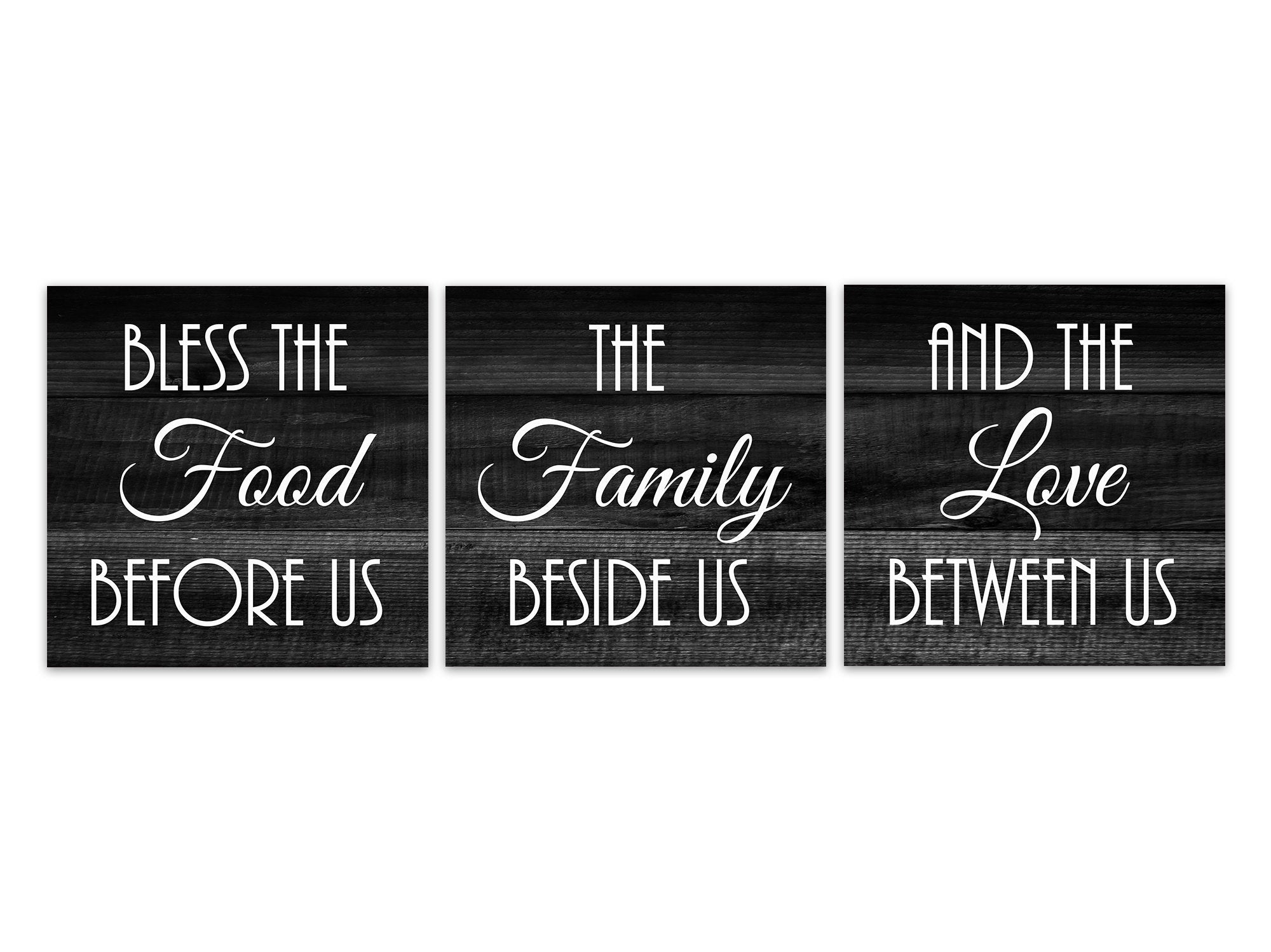 Black & White Farmhouse Dining Room 3pc Square Wall Art "Bless The Food Before Us" -HOME554