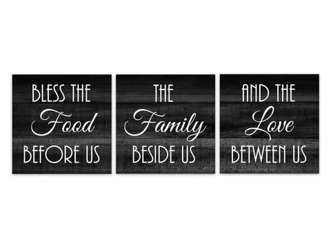 Black & White Farmhouse Dining Room 3pc Square Wall Art "Bless The Food Before Us" -HOME554