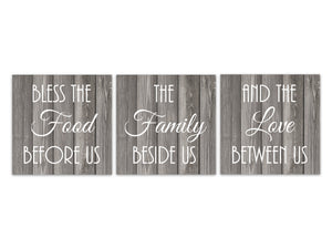 Gray & White Farmhouse Dining Room 3pc Square Wall Art "Bless The Food Before Us" - HOME555