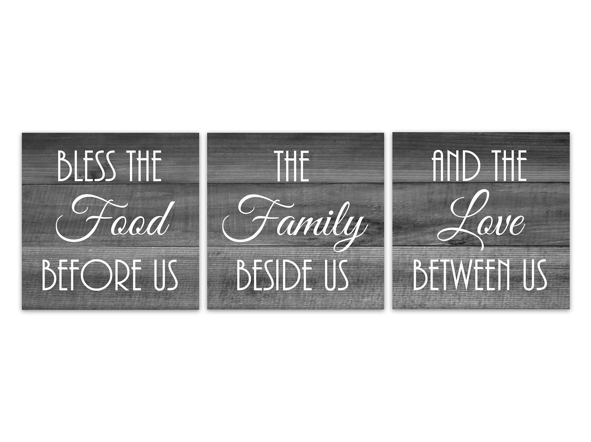 Gray Farmhouse Dining Room 3pc Square Wall Art "Bless The Food Before Us" - HOME556