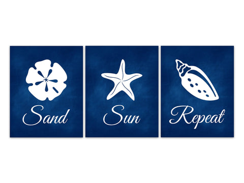 Blue Beach House Decor, Ocean Bathroom Art, Sand Sun Repeat Nautical Decor, Beach Bedroom CANVAS or PRINTS, Guest Room Decor - HOME569