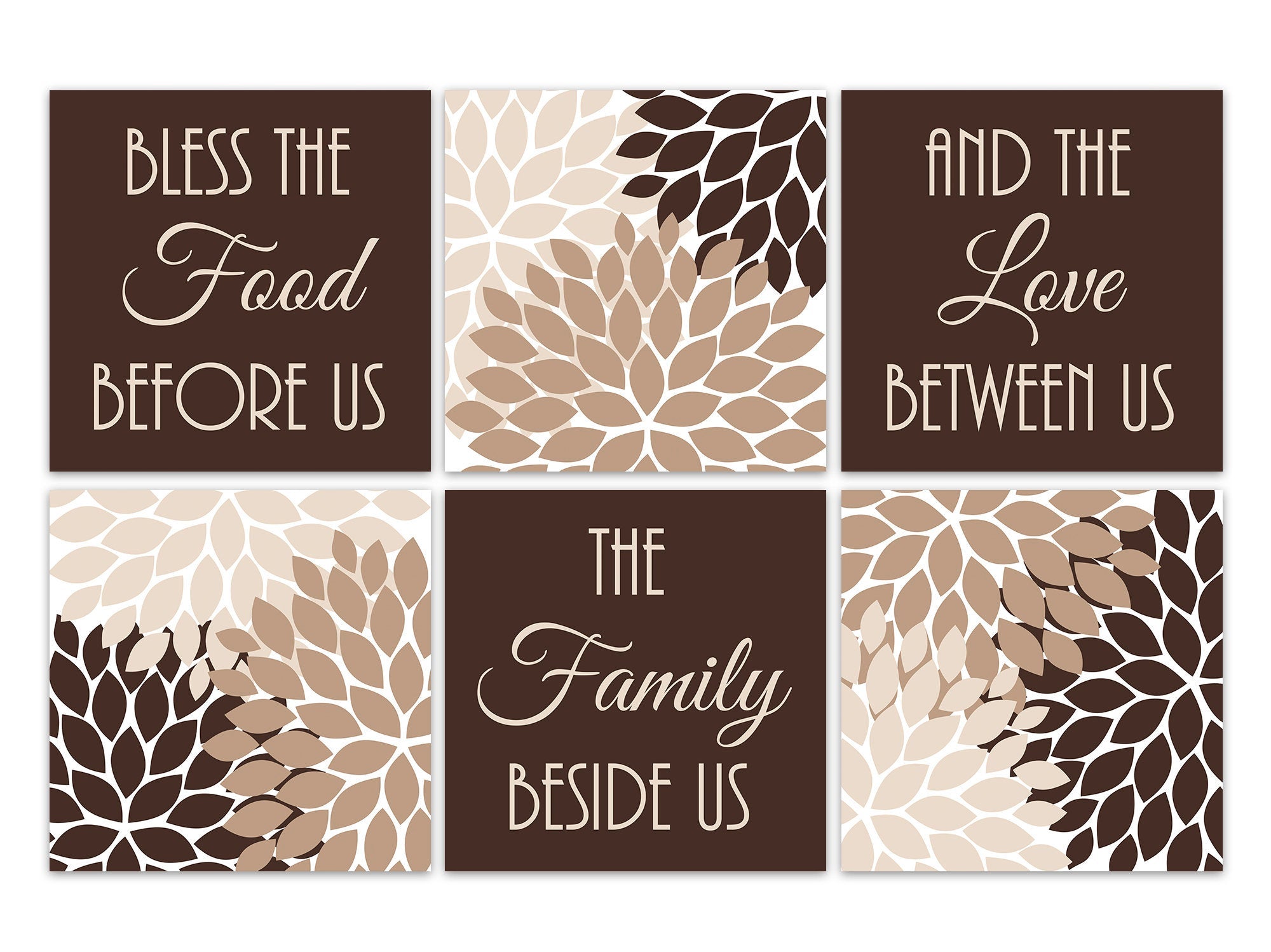 Brown Floral Dining Room 6pc Square Art "Bless the Food Before Us, The Love Between Us" - HOME551