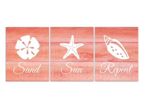 Coral Beach House Decor, Ocean Bathroom Wall Art, Sand Sun Repeat Nautical Decor, Beach Bedroom CANVAS or PRINTS, Guest Room Decor - HOME561