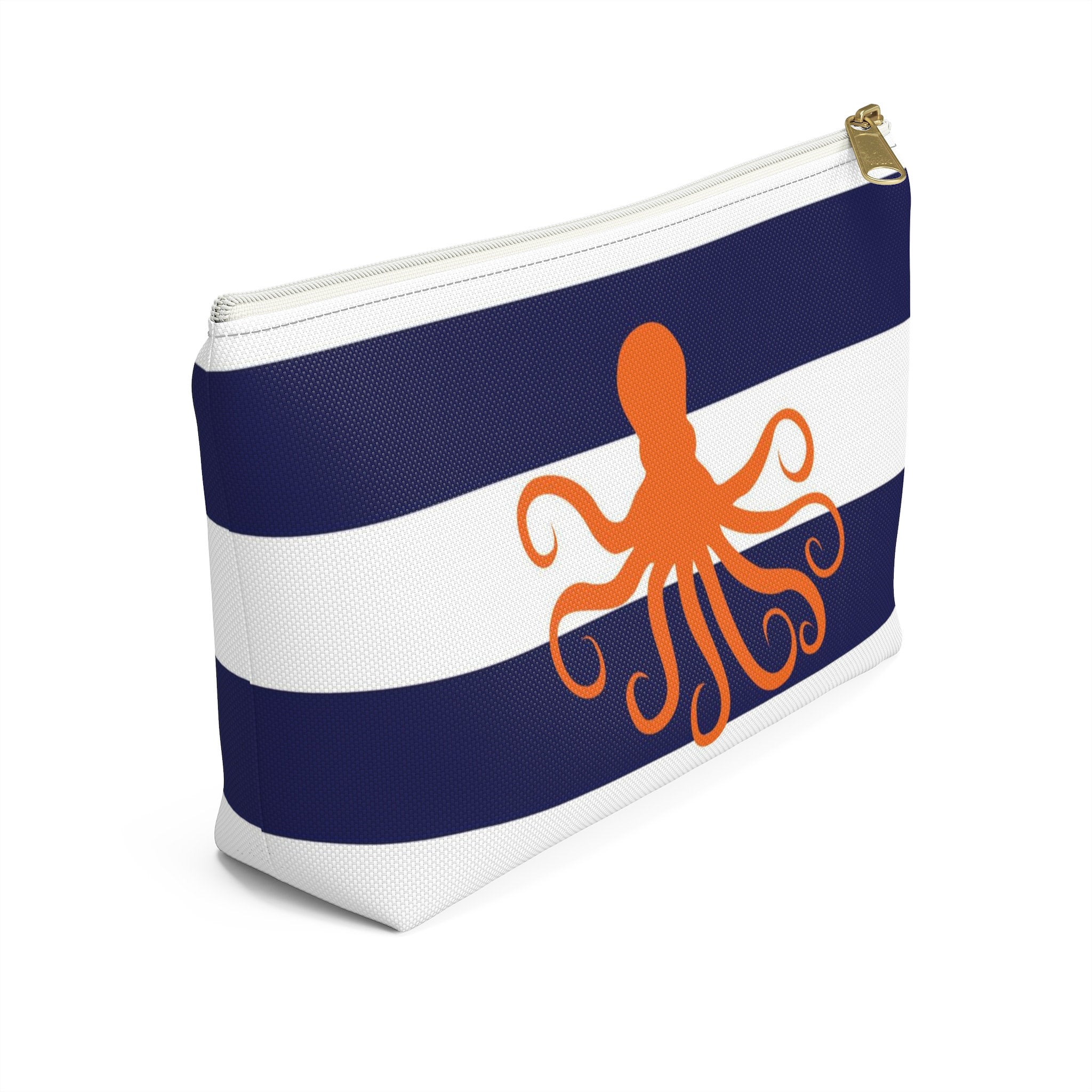 Makeup or Toiletry Bag - Orange Octopus on Blue Stripes - PH25