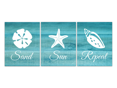 Aqua Beach House Decor, Ocean Bathroom Art, Sand Sun Repeat Nautical Decor, Beach Bedroom CANVAS or PRINTS, Guest Room Decor - HOME565