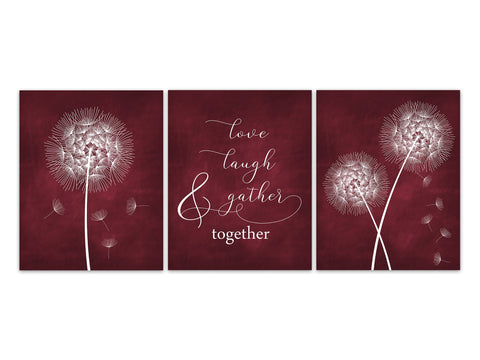 Love Laugh Gather Together Wall Art, Red Kitchen Wall Art, Home Decor CANVAS or PRINTS, Dandelion Flower Dining Room Wall Decor - HOME571