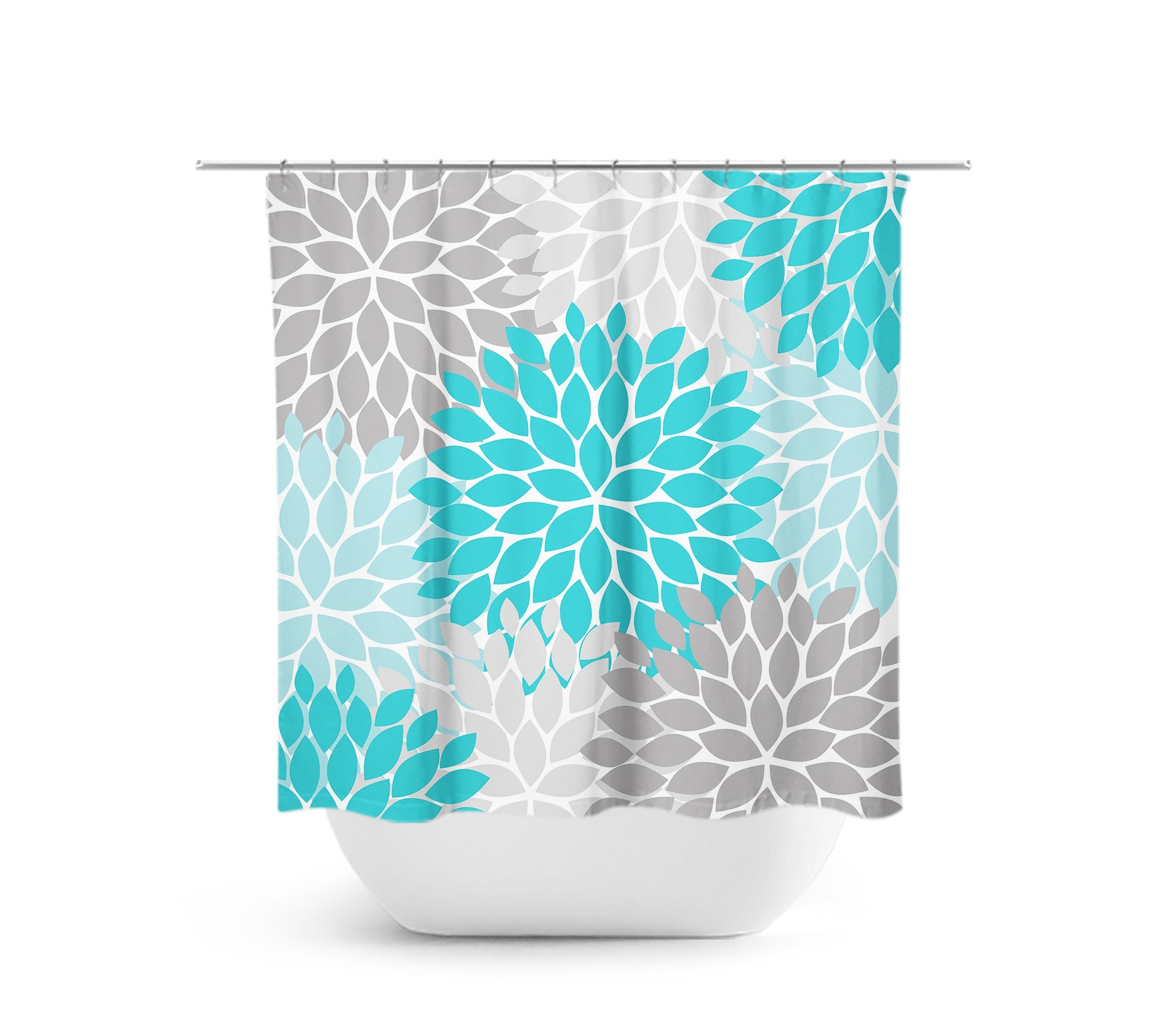 Aqua & Gray Flower Burst Fabric Shower Curtain - SHOWER20