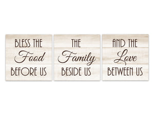 Brown & Tan Farmhouse Dining Room 3pc Square Wall Art "Bless The Food Before Us" -HOME557