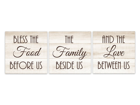 Brown & Tan Farmhouse Dining Room 3pc Square Wall Art "Bless The Food Before Us" -HOME557