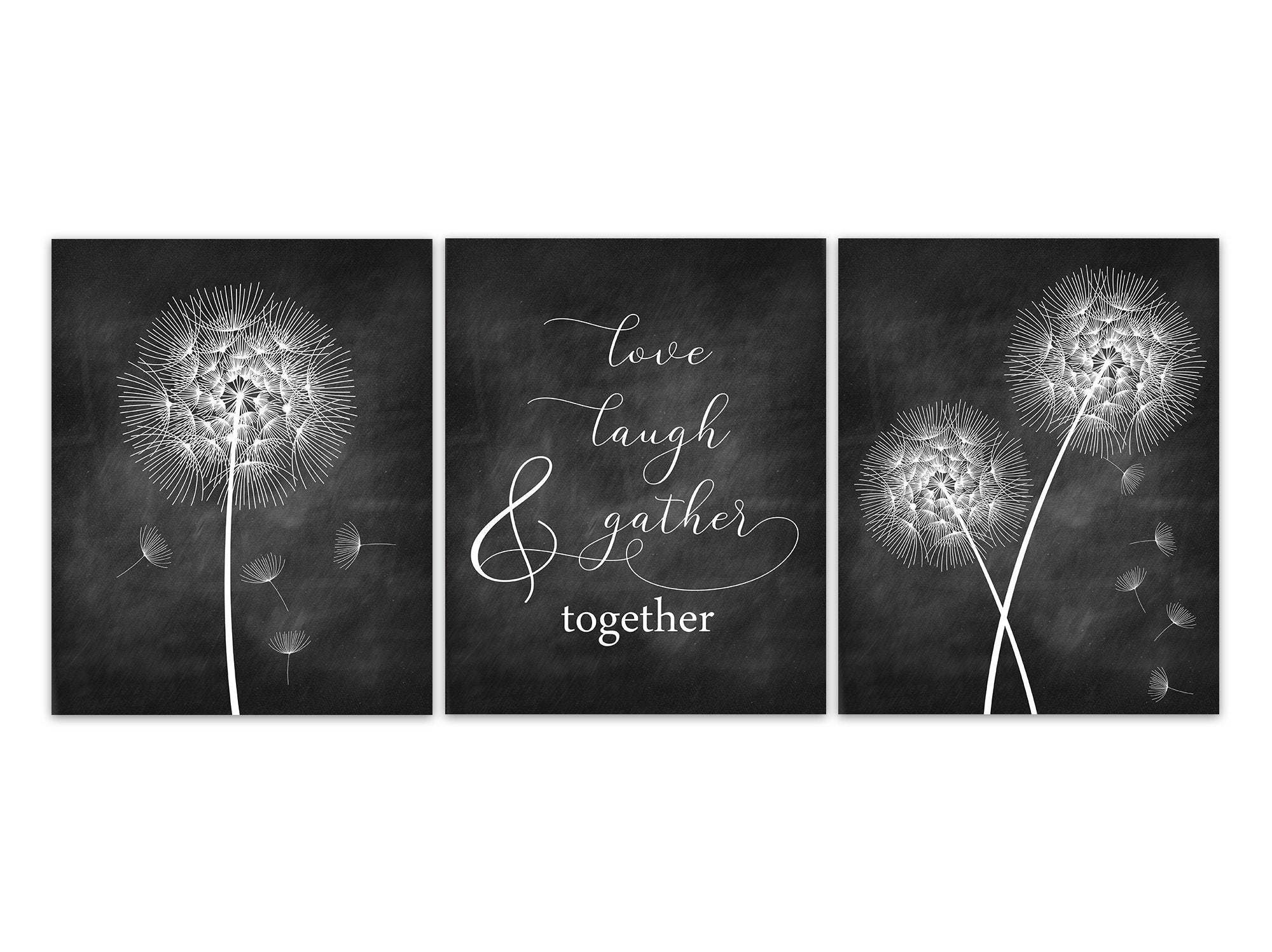 Love Laugh Gather Together Wall Art, Black Kitchen Wall Art, Home Decor CANVAS or PRINTS, Dandelion Flower Dining Room Wall Decor - HOME570