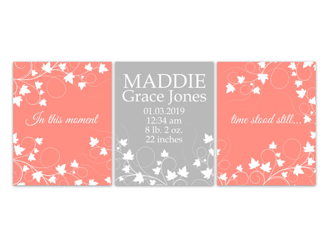 Birth Stats Canvas or Wall Art Prints, In This Moment Time Stood Still Quote, Baby Girl Birth Print, Coral and Gray Nursery Decor - KIDS319