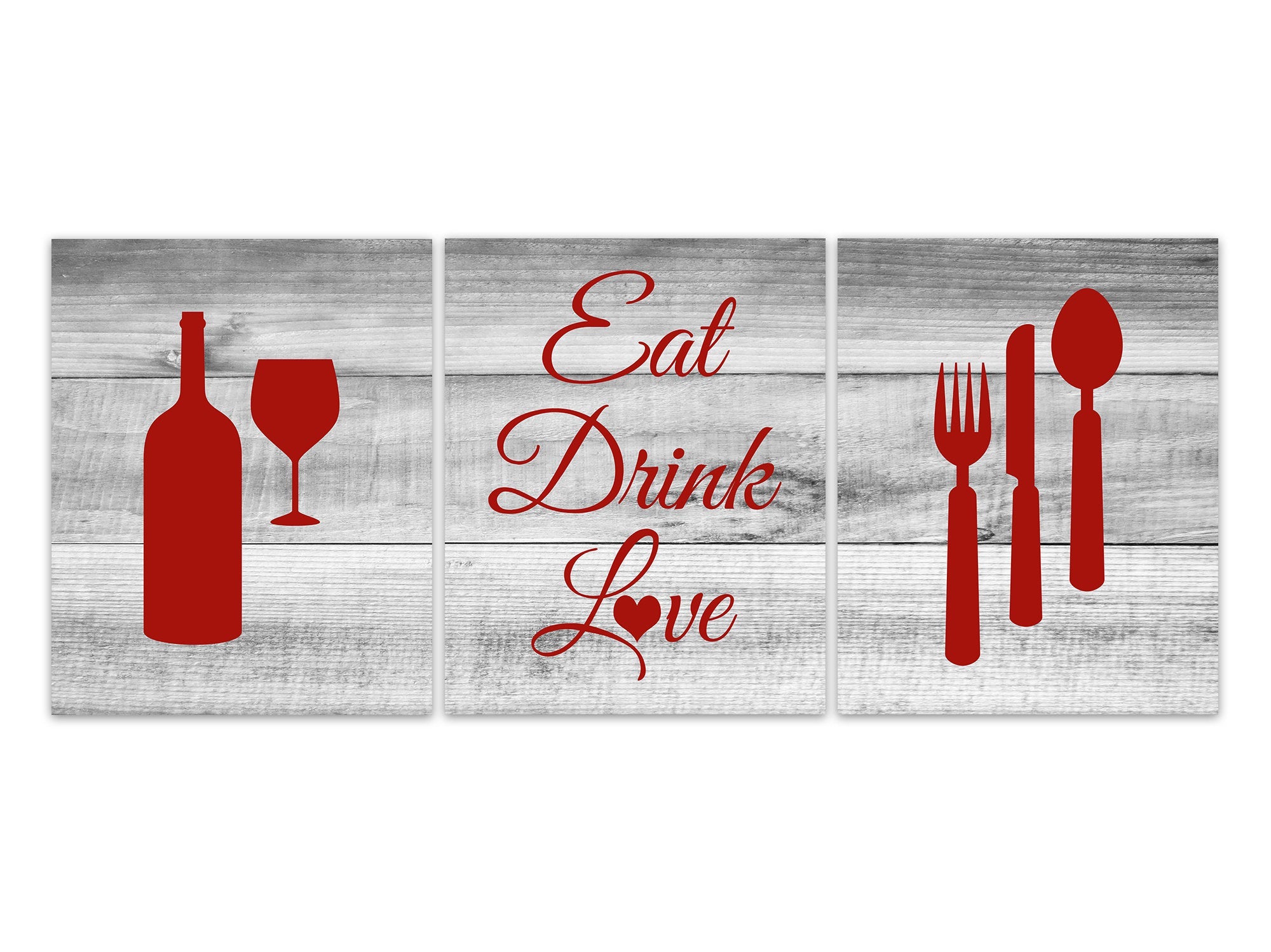 Rustic Kitchen Art, Eat Drink Love, Fork Spoon Wall Decor, Wine Glass Art, Wood Effect Home Decor Wall Art, Gray Red Kitchen Decor - HOME601