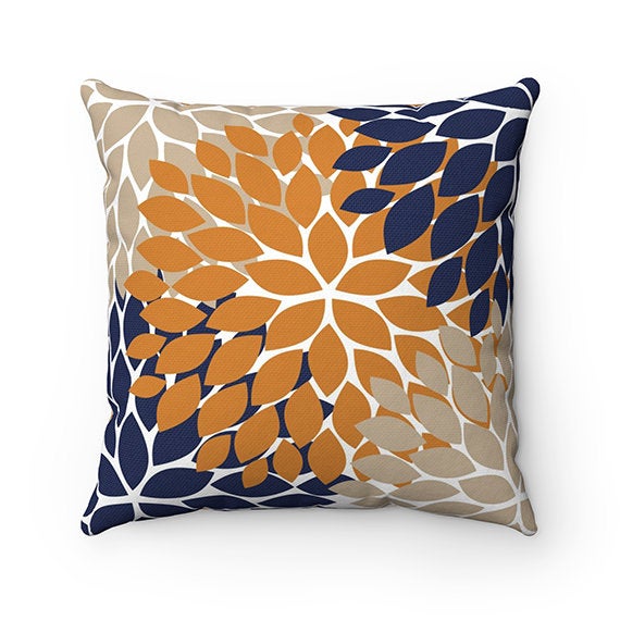 Navy Orange and Tan Flower Pillow Cover, Throw Pillow, Modern Home Decor, Accent Pillow, Couch Cushion, Rocking Chair Nursery Pillow -PIL141