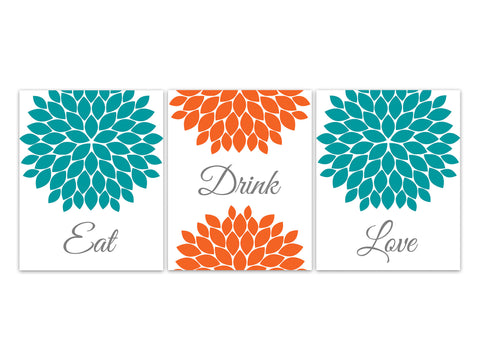 Eat Drink Love, Floral Kitchen Art, Orange and Teal Kitchen Decor, Orange Turquoise Dining Room Wall Art Prints, Kitchen Canvas - HOME588