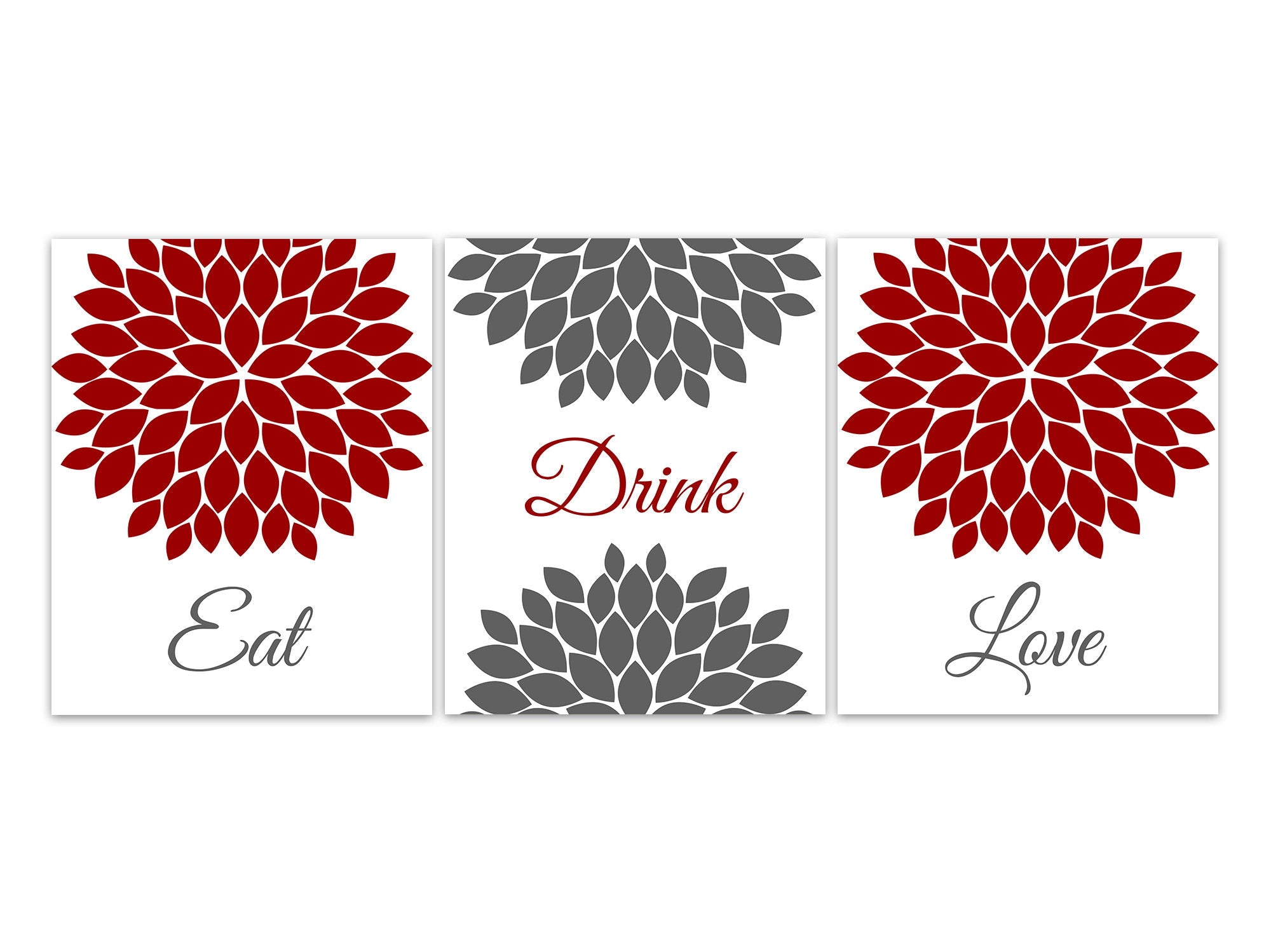 Eat Drink Love, Floral Kitchen Art, Red and Gray Kitchen Decor, Gray Red Dining Room Wall Art Prints, Modern Kitchen Canvas - HOME589