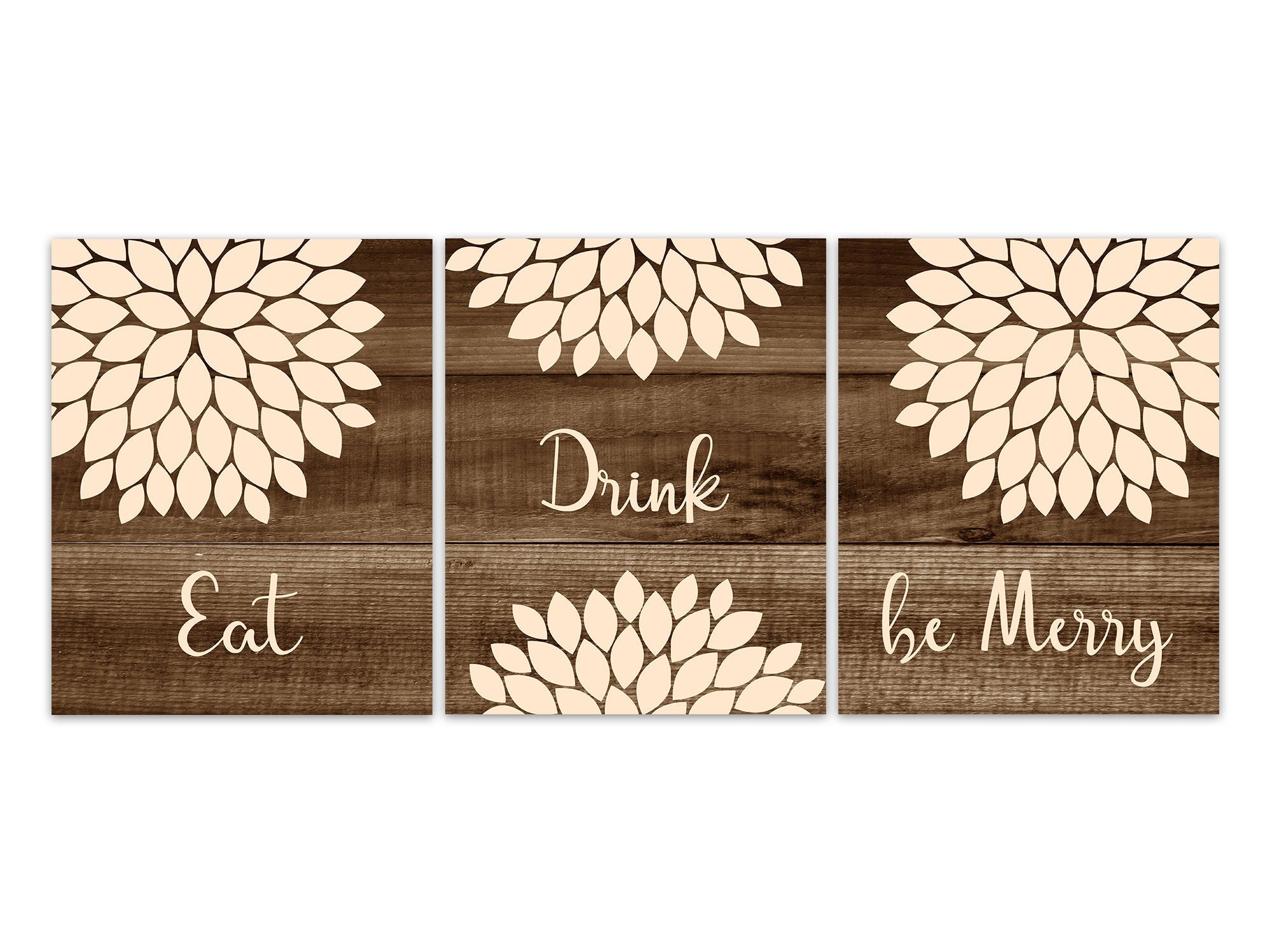 Eat Drink be Merry Kitchen Quote Art Prints, Rustic Kitchen Decor, Farmhouse Decor, Brown Rustic Dining Room Canvas Wall Art - HOME590