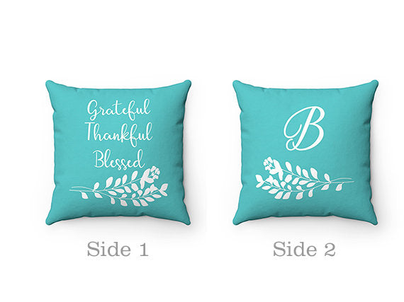 Monogram Throw Pillow with Sayings Grateful Thankful Blessed, Aqua Couch Pillow, Accent Pillow, Personalized Holiday Pillow Cover - PIL147