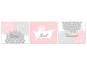 Pink and Gray Bathroom Decor, Relax Soak Unwind, Bathroom CANVAS or PRINTS, Claw Tub Art Prints, Set of 3 Modern Home Decor Prints - BATH336
