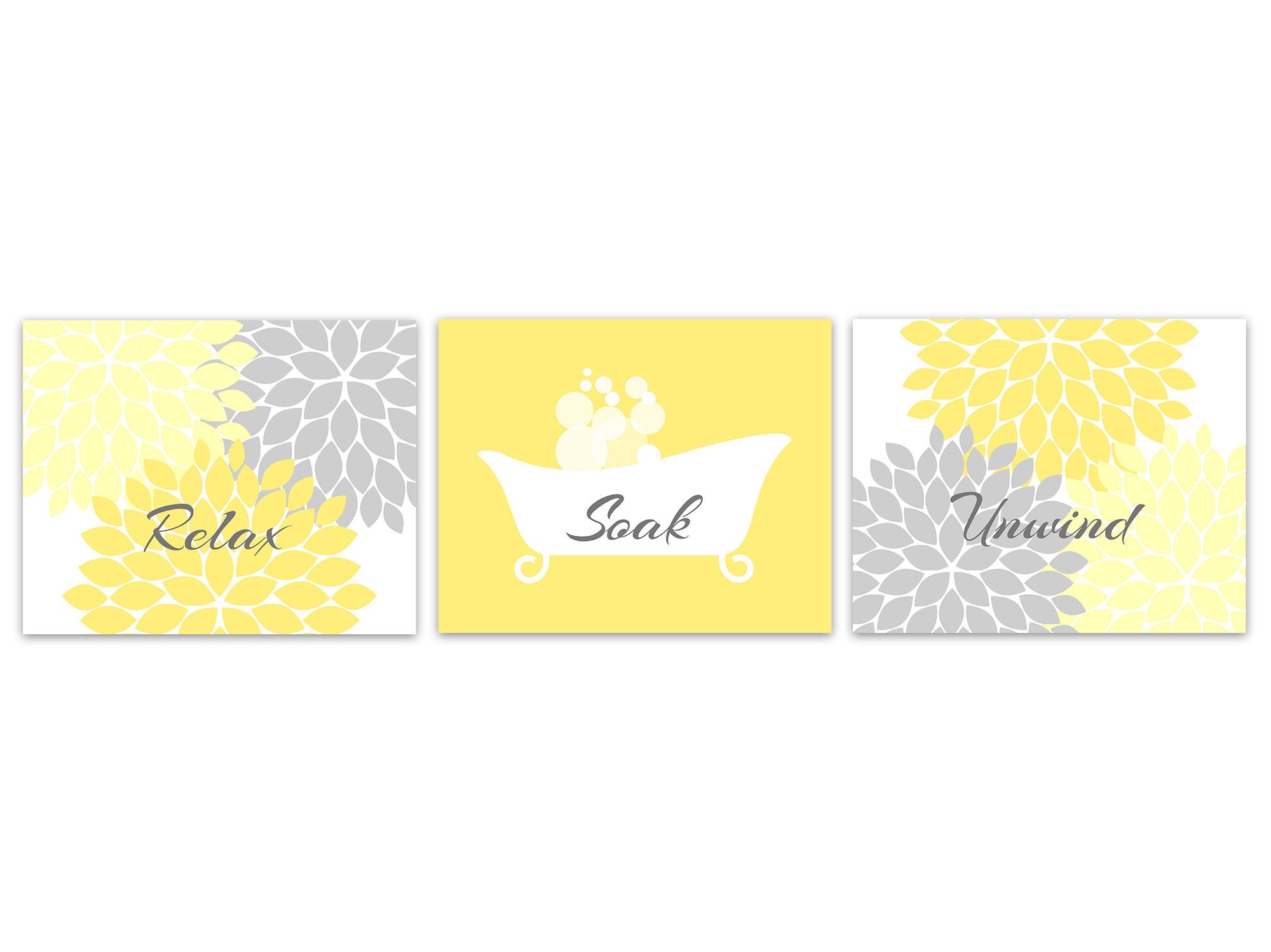Yellow Gray Bathroom Decor, Relax Soak Unwind, Bathroom CANVAS or PRINTS, Claw Tub Art Prints, Set of 3 Modern Home Decor Prints - BATH337