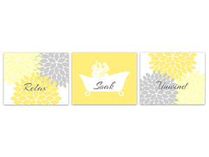 Yellow Gray Bathroom Decor, Relax Soak Unwind, Bathroom CANVAS or PRINTS, Claw Tub Art Prints, Set of 3 Modern Home Decor Prints - BATH337