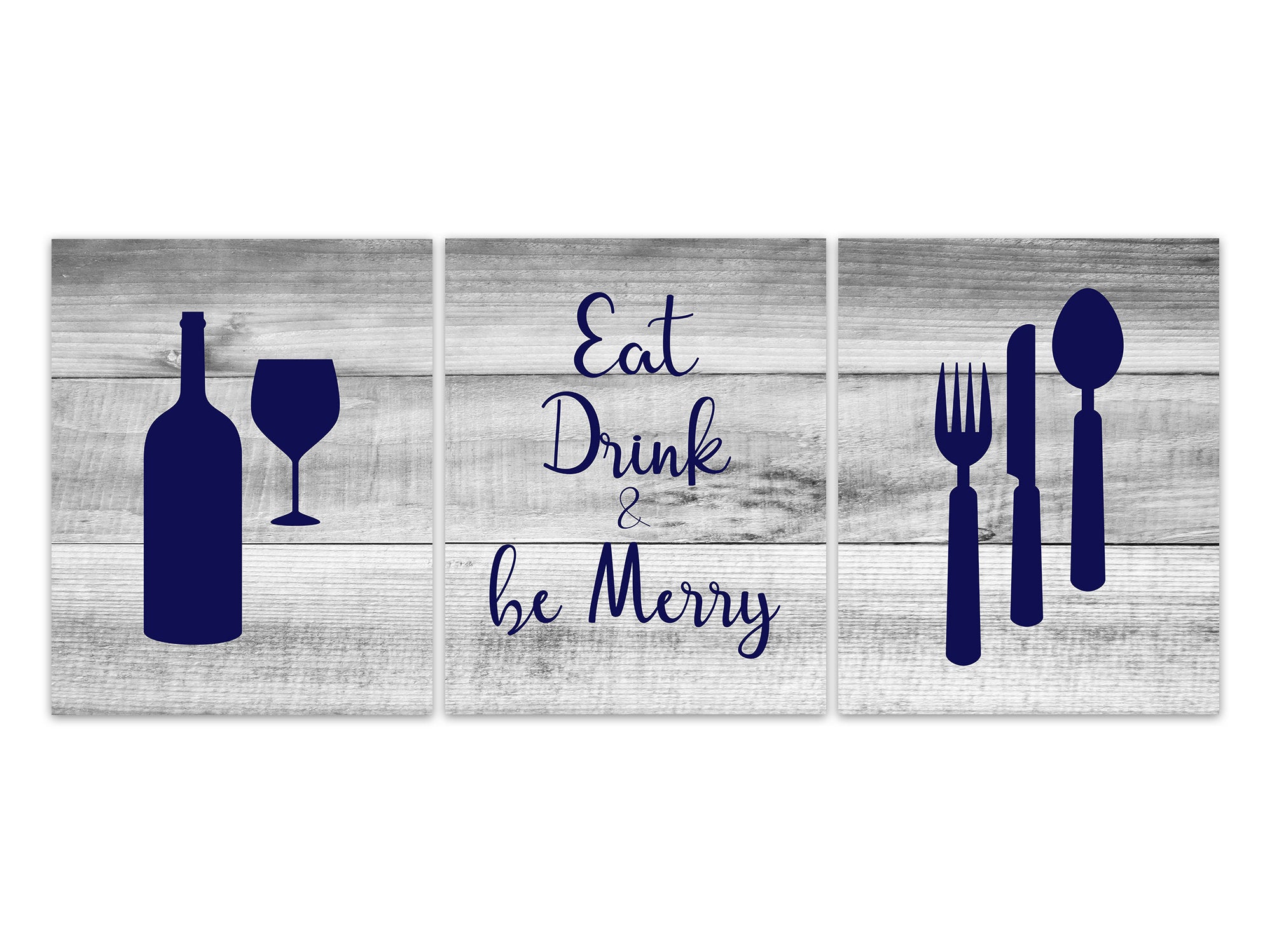 Rustic Kitchen Art, Eat Drink & Be Merry, Fork Spoon Wall Decor, Wine Glass Art, Wood Effect Home Decor Wall Art, Blue Kitchen - HOME595