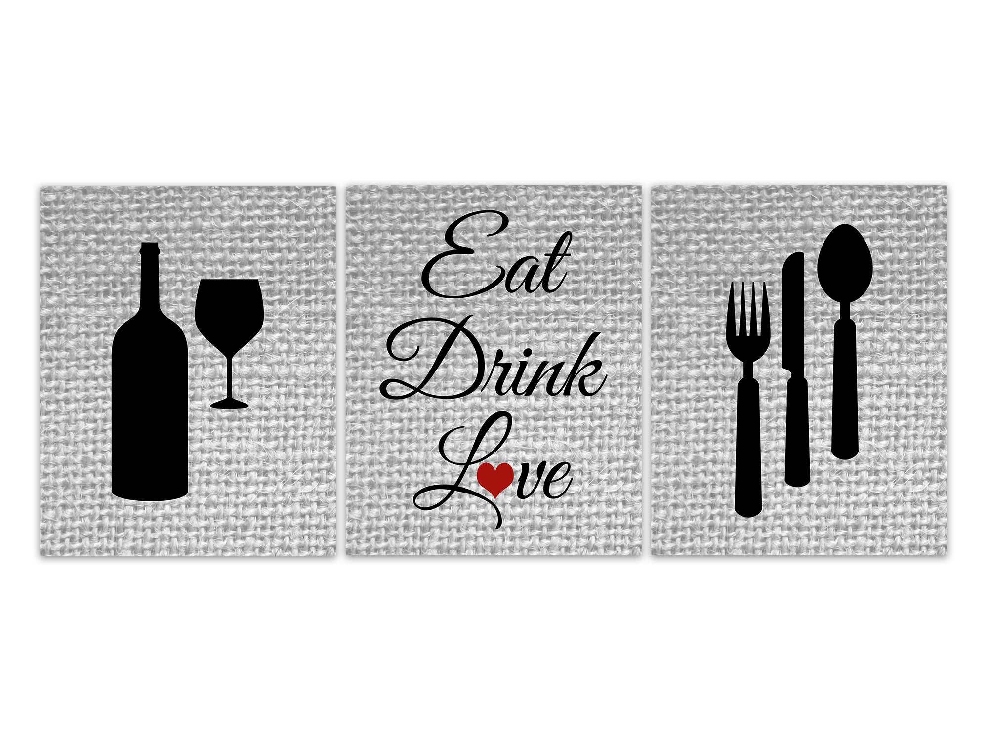 Eat Drink Love Vintage Decor Wall Art, Burlap Effect Rustic Kitchen Wall Art Canvas or Prints, Fork Spoon Knife, Wine Glass Art - HOME603