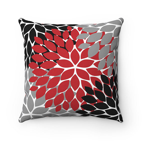 Red Black and Gray Flower Throw Pillow Covers, Red Pillow Cover, Floral Nursery Pillow, Modern Home Decor, Black Gray Bedding - PIL157