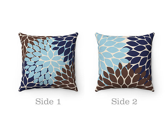 Brown, Tan & Blue Flower Burst Decorative Throw Pillow - PIL159