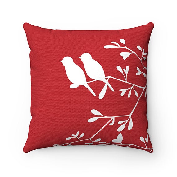 Let's Stay Home Throw Pillow Cover, Love Birds Pillow Cover, Birds and Branches Accent Pillow, Bedroom Decor, Red Home Decor - PIL161