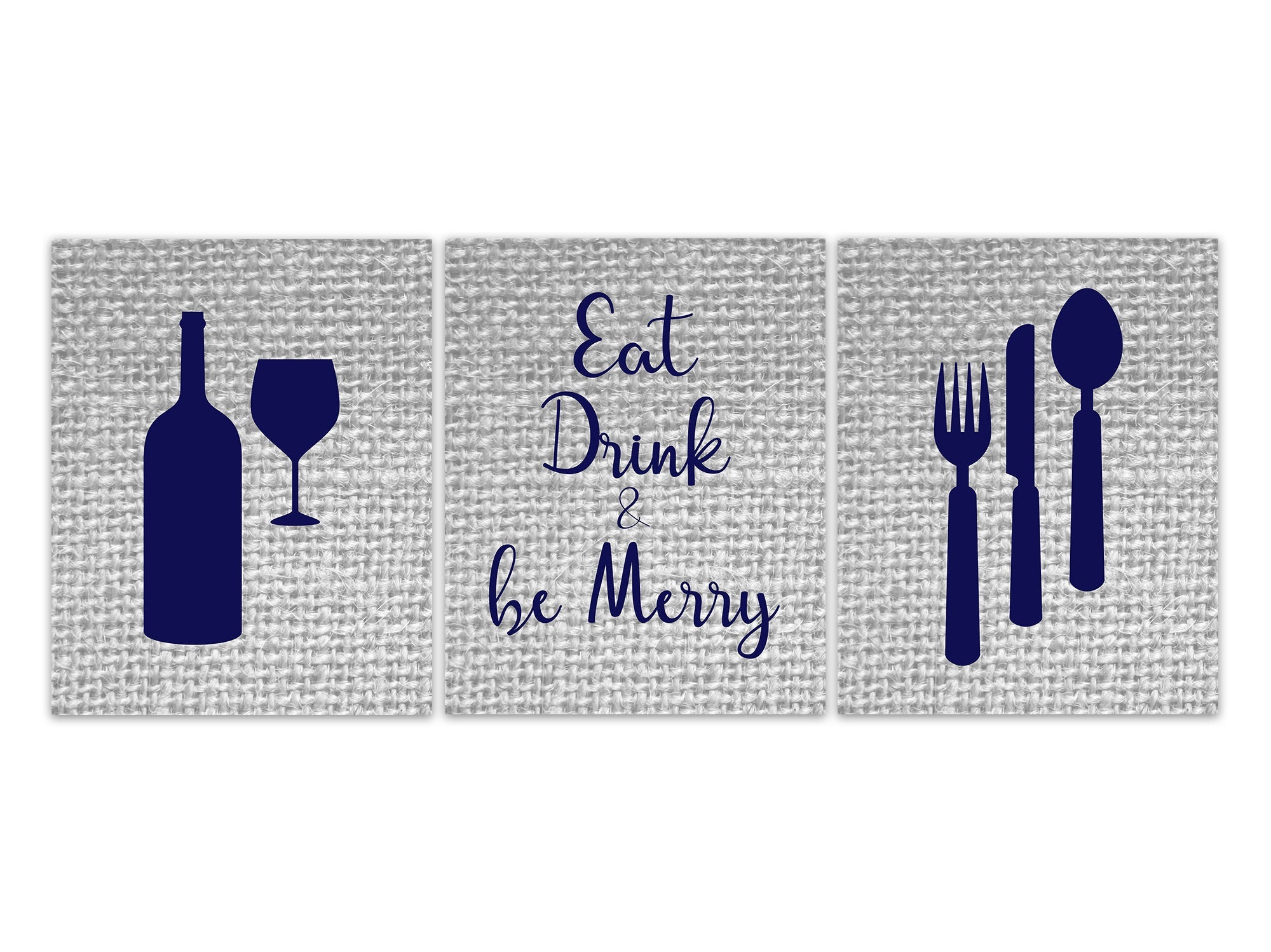 Blue Kitchen Art, Eat Drink & Be Merry, Fork Spoon Wall Decor, Wine Glass Art, Burlap Effect Home Decor Wall Art, Rustic Kitchen - HOME604