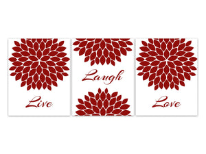Live Laugh Love, Home Decor Wall Art Prints or Canvas, Red Flower Wall Art, Flower Burst Bathroom Wall Decor, Red Bedroom Wall Art - HOME607