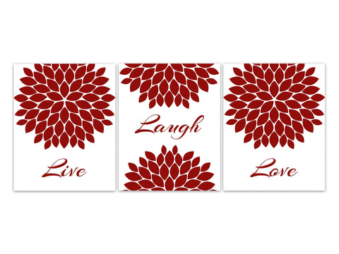 Live Laugh Love, Home Decor Wall Art Prints or Canvas, Red Flower Wall Art, Flower Burst Bathroom Wall Decor, Red Bedroom Wall Art - HOME607