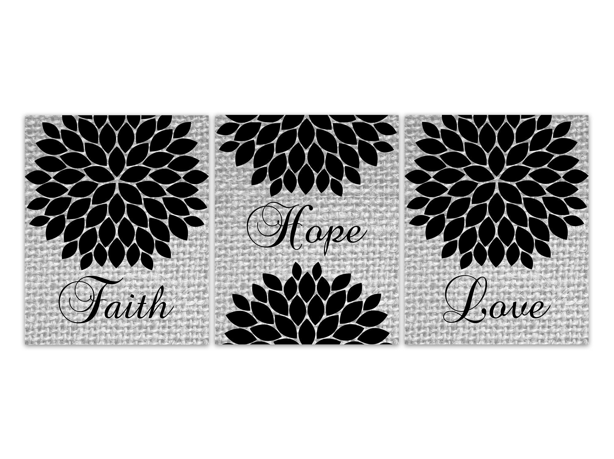 Faith Hope Love Prints, Red Burlap Effect Art, 1 Corinthians 13:13, Christian Home Decor, Religious Wall Art, Black Bedroom Decor - HOME617